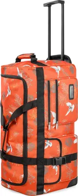 A rolling suitcase with a floral pattern against a white background.