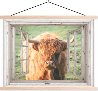 Produktbild von MuchoWow® Textilposter Schottisches Hochlandrind - Kuh - Ansicht 120x90 cm mit holzfarbenen Rahmen - Magnetisch