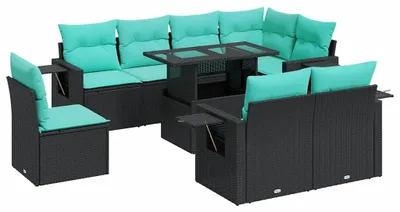 Zdjęcie produktu dla vidaXL 9-częściowa sofa ogrodowa z poduszkami z czarnego polirattanu