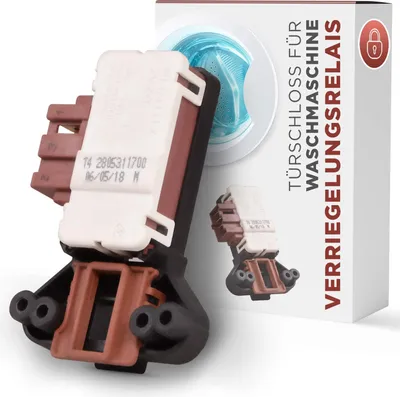 A washing machine door lock relay and its packaging are shown.