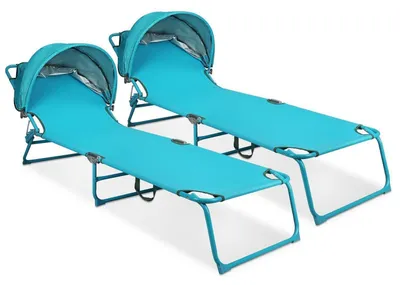 Immagine prodotto di Set di due sdraio pieghevoli con tettuccio, schienale regolabile, colore blu, capacità di carico: 136 kg