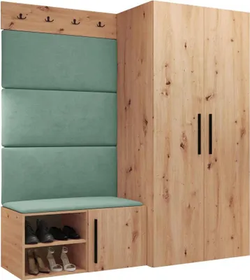 Produktbild von MIRJAN24 Garderoben-Set Medi I, Schuhschrank, Kleiderhakenbrett, 4x Paneel 84x42, 4 Kleiderhaken (Farbe: Artisan Eiche, Manila 11)