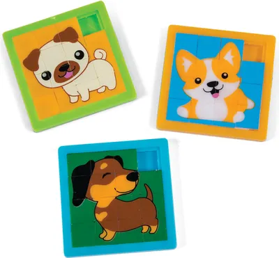Produktbild von Schiebepuzzle 12er Set, 6x6 cm, mit 3 Hunde-Motiven, Kunststoff, Mitgebsel