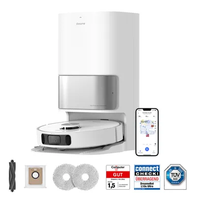 A white robot vacuum cleaner with its docking station, along with several accessories and certification badges, is displayed against a white background.