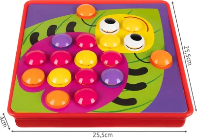 A colorful toy with buttons and a caterpillar design.