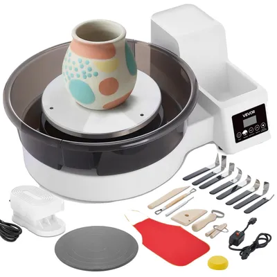 Produktbild von VEVOR Töpferscheibe, 35 cm Keramikrad Formmaschine, 60-300 U/min Geschwindigkeitsverstellbares Fußpedal, Verstellbares Hebeleg, Abnehmbares Becken, Komplettes Werkzeugzubehörset für Kunsthandwerk DIY, Weiß