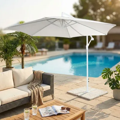 Immagine prodotto di Milani Home - ombrellone da giardino diametro 3 m con palo laterale decentrato in acciaio, telo bianco in poliestere, per terrazzo e piscina