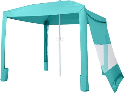 Produktbild von Strandkabine, 2,4 x 2,4 m Strandüberdachung mit Seitenwand, UPF 50+ Schutz Einfach aufzubauendes Kabinenzelt mit Sandtaschen, höhenverstellbar Tragbarer Sonnenschirm für Familie und Freunde, grün