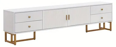 Immagine prodotto di Mobile TV in MDF bianco lucido con dettagli dorati – 178 cm – Ampio spazio di stoccaggio con cassetti