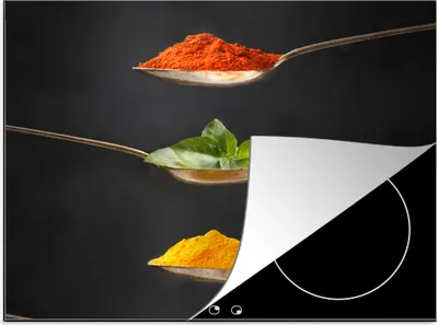 Produktbild von KitchenYeah© Herdabdeckplatte Kräuter - Löffel - Gewürze - Schwarz - Italienisch , 57x51cm, Küche Deko, Glaskeramikkochfeld Herdabdeckung, Abdeckplatte fùr Kochfeld