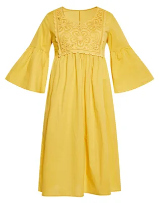 Produktbild von Damen Boho Midikleid gelb XL mit Glockenärmeln und floralen Spitzenstickereien
