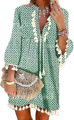 Obrázok produktu pre Dámske plážové šaty elegantné ležérne šaty áčkového strihu letné šaty boho výstrih do V so strapcom tunika Vintage Bohemia minišaty plážové šaty