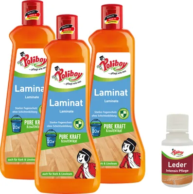 Produktbild von Poliboy Laminat Pflege Konzentrat - 3x500 ml - auch für Kork und Linoleum - Kraftvolle Reinigung und streifenfreier Glanz - mit Leder Probe - 99A4301