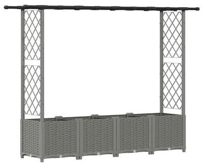 Image de Jardinière surélevée vidaXL avec treillis et toit, gris clair, 203 x 40 x 136 cm, PP