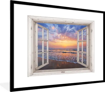 Produktbild von MuchoWow® Gerahmtes Poster Aussicht - Meer - Strand - Sonnenuntergang - Blau 80x60 cm - Poster mit Schwarzem Bilderrahmen Wandposter Rahmen Foto Bilder - Schlafzimmer-Dekorationen - Fotoposter