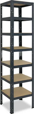 A tall, narrow, dark gray metal shelving unit with six wooden shelves, shown against a white background.