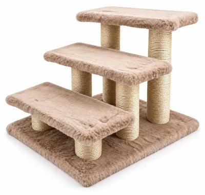 Productafbeelding van Relaxdays kattenladder, 3 treden, afmetingen: ongeveer 34x45x35 cm, sisalstokken, draagvermogen 50 kg, hulpmiddel voor katten om op bed en bank te klimmen, pluche, crème kleur, AI-gegenereerde afbeelding