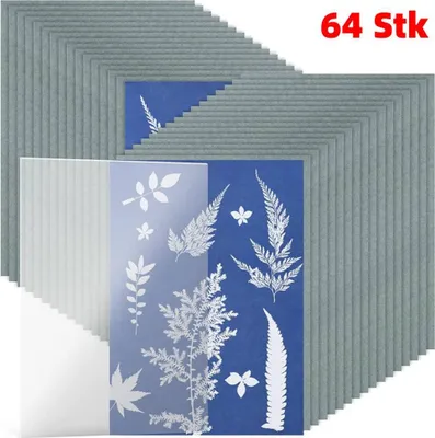 Produktbild von 64 Stk Sonnendruck Papier Cyan Papier A5 Solar Zeichenpapier Hohe Empfindlichkeit Cyanotypie Papier + 2 Rückwand DIY Bastelset, 20.8x15cm