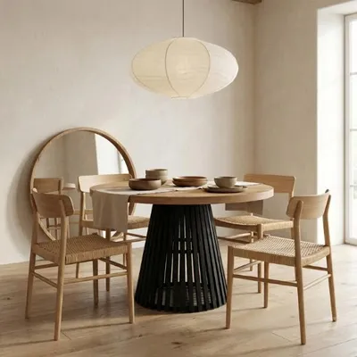Produktbild von Runder Ausziehbarer Tisch für Esszimmer, DOVER - Industrial/Loft Still mit Lamellenbeine, Durchmesser: 100 / 150 cm, Farbe: Eiche Craft Golden/Schwarz