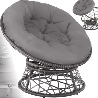 A gray papasan chair with a cushion, shown from a front-facing angle.