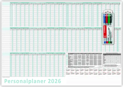 Produktbild von Urlaubsplaner / Personalplaner 2026 nass abwischbar mit Folienkaschierung inkl. Stifteset - DIN B1 Format (1000 x 700 mm) 22 Mitarbeiter Januar bis März Folgejahr mit Schulferien (gerollt!)