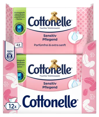 Produktbild von Cottonelle feuchtes Toilettenpapier, Sensitive Pflegend, 12 x 42 Tücher