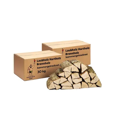 Two cardboard boxes of firewood with a pile of firewood in front.
