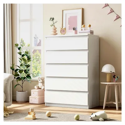 Produktbild von Kommode mit 5 Schubladen, 60 x 39 x 100 cm, modernes schlichtes Design, Holzkommode für Wohnzimmer, Flur oder Eingangsbereich, Weiß