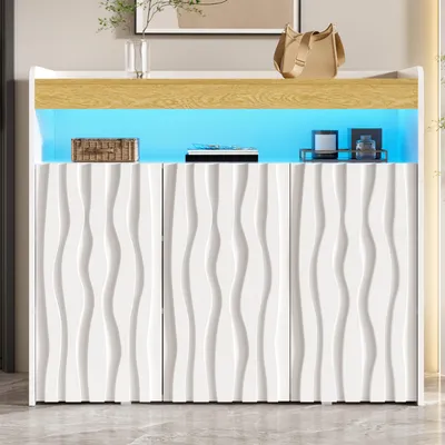 Produktbild von MODFU Schuhschrank mit LED-Vitrine,Sideboard mit 3 Türen,offenem Ablagefach und Verstellbaren Einlegeböden,105 × 90,5 × 35 cm,Weiß