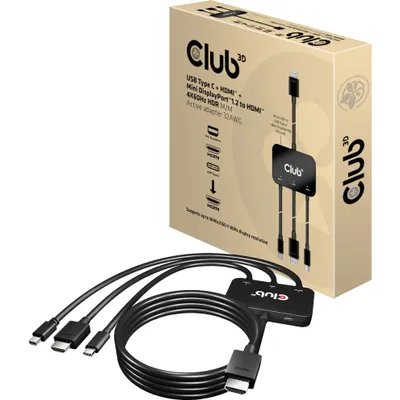Produktbild von CLUB3D USB Type C + HDMI™ + MiniDisplayPort™ 1.2 to HDMI™ 4K60Hz HDR M/M Active Adapter 32AWG, HDMI, 3840 x 2160 Pixel, Schwarz, 4K Ultra HD, 60 Hz, 2 m