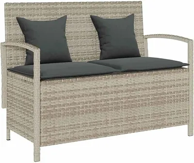 Produktbild von Gartenbank mit Stauraum und Kissen Hellgrau Poly Rattan, wetterfeste Outdoorbank für Terrasse Balkon Veranda, robuste Sitzbank aus PE-Rattan mit gepolsterten Sitz- und Rückenkissen