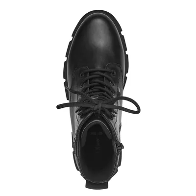 A top-down view of a black lace-up boot with a platform sole.