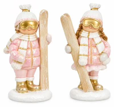 Produktbild von Winterfiguren 2er Set – Mädchen mit Ski aus Polyresin, 11 cm in Rosa