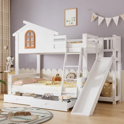 Image de Lit superposé avec toboggan et tiroirs, lit enfant superposé 90x200 et 120x200, en bois massif, couleur blanche