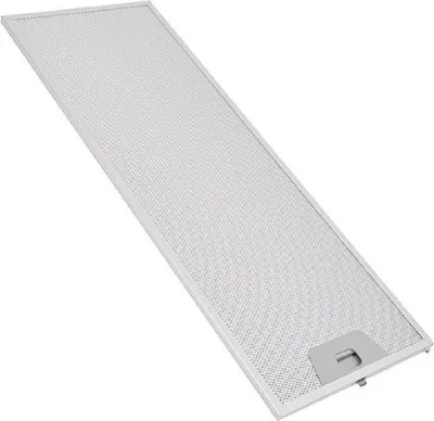 A silver metal range hood filter is shown against a white background.