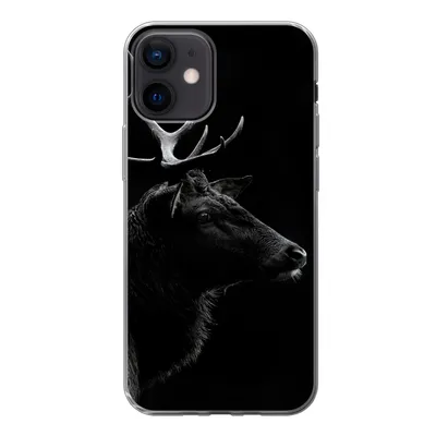 Produktbild von MuchoWow® Handyhülle Schutzhülle Hülle für iPhone 12 Hirsch - Schwarz - Porträt - Geweih - Tiere Silikon Softcase Handy Hülle - Schutzhülle