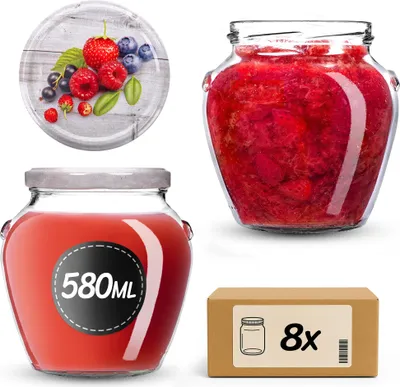 Obrázek produktu pro KADAX zavařovací sklenice 580 ml se šroubovacím víčkem fi82mm, šroubovací sklenice s víčkem, zavařovací sklenice, zavařovací sklenice na zavařování medu, ovoce a zeleniny, zavařovací sklenice (maliny, 8 ks)