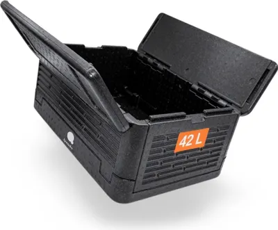 A black foldable thermobox with its lid open, shown on a white background.
