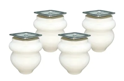 Four white furniture legs with silver tops are arranged in a cluster on a white background.