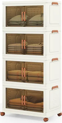 Produktbild von Zusammenklappbare Aufbewahrungsboxen, 4er stapelbare Kleiderschrank aus Kunststoff, mit Deckeln und Türen, mit Rollen für Schlafzimmer, Weiß & Braun