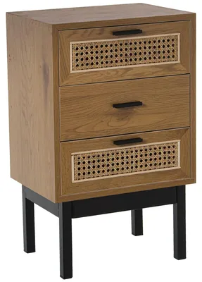 Nachttisch mit 3 Schubladen, MDF/Rattan/Metall, Natur-Schwarz, 40x30x65 cm