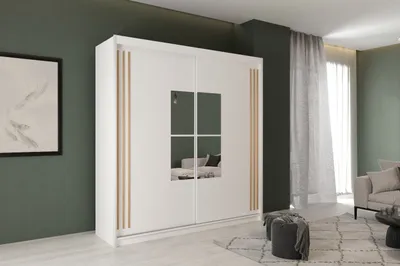 Produktbild von Kleiderschrank JAMAJKA 203 cm Schiebetürenschrank mit Spiegel Weiss + Wotan Lamellen