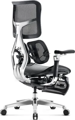 A side view of a black and silver ergonomic office chair with a footrest.