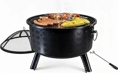 Immagine prodotto di Braciere Relaxdays, HxØ 62 x 66 cm, con griglia, parascintille e attizzatoio, braciere da giardino, braciere, nero