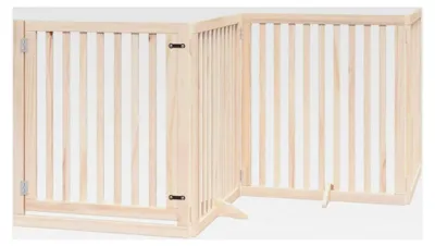 Produktbild von Zusammenklappbares Schutzgitter für Hunde, ohne Bohren, mit Tür, 4 Paneele, 320 cm, aus Pappelholz
