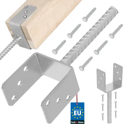 A collection of metal post anchors and screws, with a piece of wood showing how one anchor attaches to it.