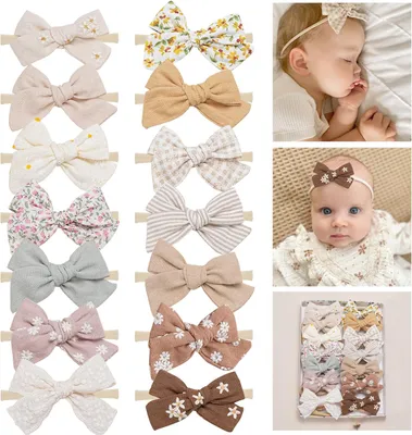 Productafbeelding van 14 handgemaakte babyhaaraccessoires met zachte, rekbare nylon haarbanden en haarstrikken voor babymeisjes, pasgeborenen, zuigelingen en peuters