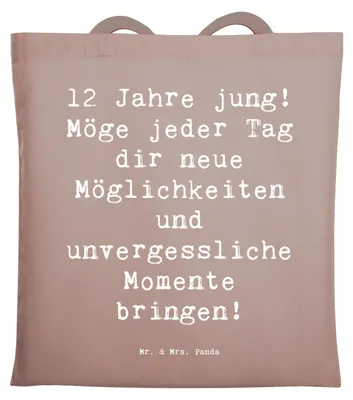 Produktbild von Mr. & Mrs. Panda Tote Bag Spruch 12. Geburtstag - Braun Pastell - Geschenk, Shopping Tasche, Einkaufstasche, Teenager, feiern, Schultasche, unvergessliche Momente