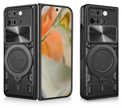 A black protective case for a foldable phone, shown from two angles.