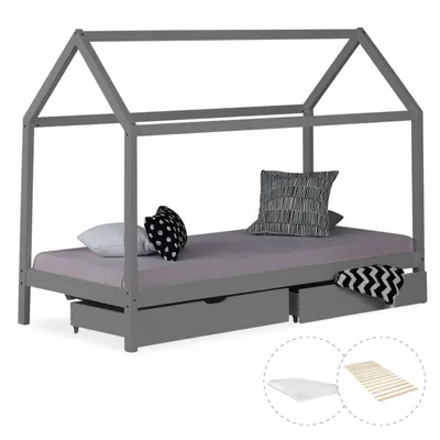 Obrázok produktu pre Homestyle4u detská posteľ s matracom detský domček 90x200 cm sivý s podstavcom pod posteľ